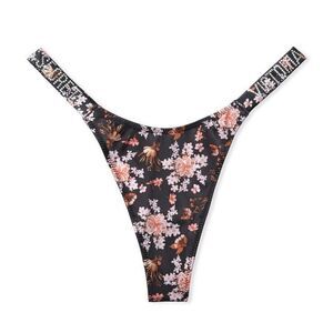 Victoria's Secret Very Sexy‎ Shine Rhinestone Thong Black Pressed Sz M Floral